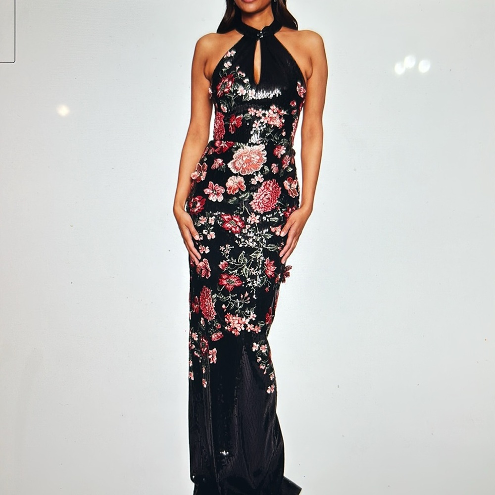 Marchesa Notte Halter Neck Floral Sequin Gown/Dress